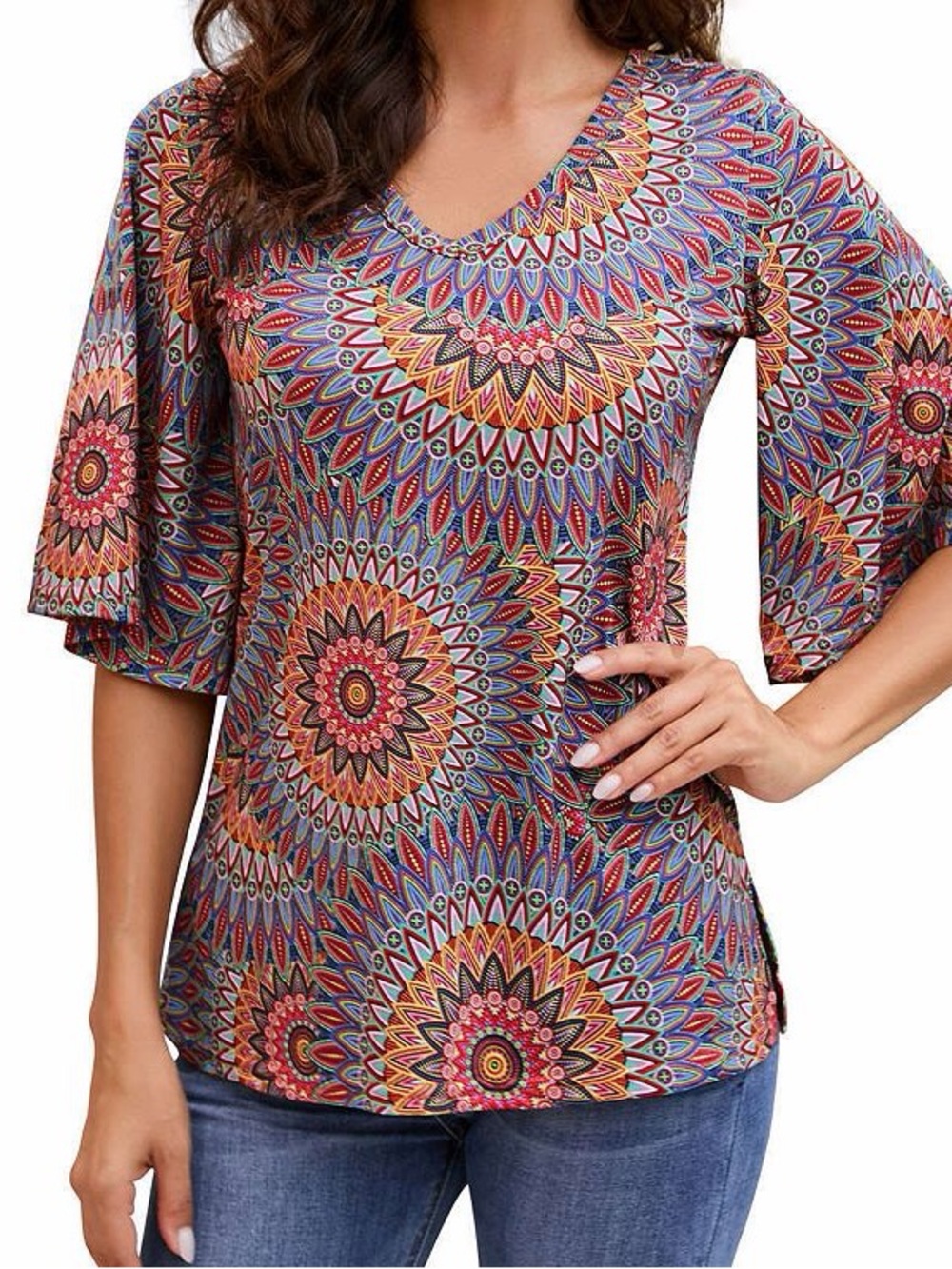 Boho V-Neck Bell Sleeve Top in Multicolor